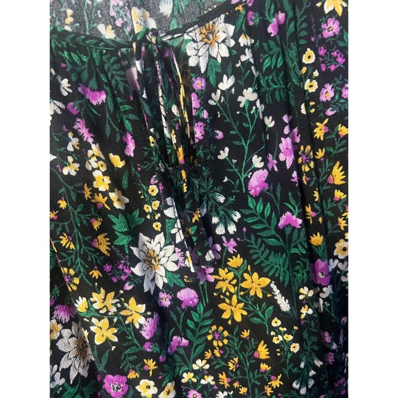 Old Navy Womens Floral Tie Neck Long Sleeve Rayon Blouse Black Purple Yellow L - Picture 2 of 6